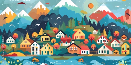 Colorful Flat Design Illustration of a Village in the Mountains