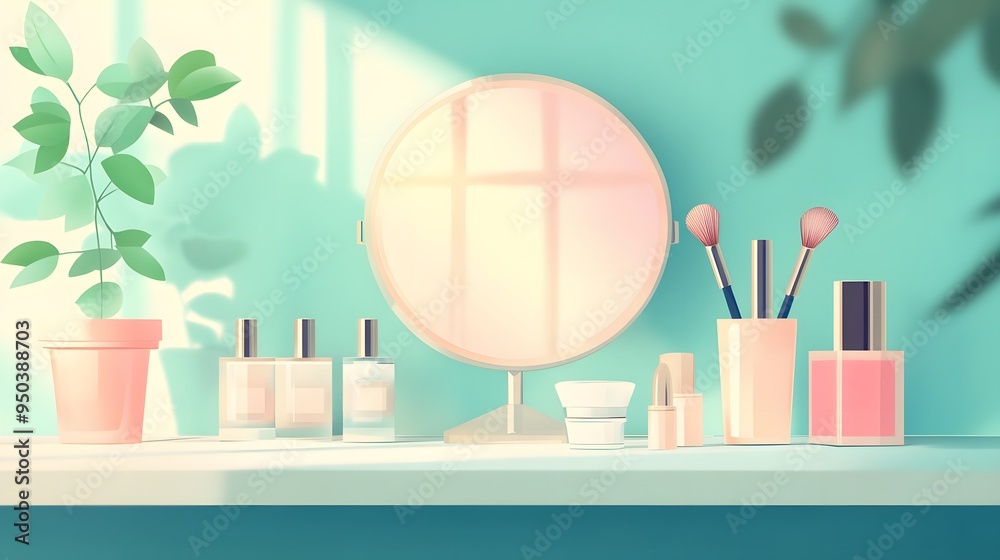 Makeup Mirror with Cosmetics and Green Plant on Shelf Makeup Mirror with Cosmetics and Green Plant on Shelf