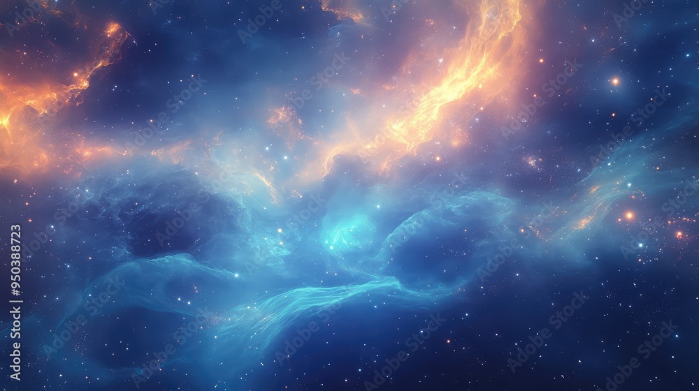 Fototapeta premium Celestial Echoes: Glowing nebula and distant galaxies with subtle cosmic waves, capturing a peaceful, otherworldly atmosphere.
