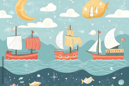 Three Cartoon Ships Sail on the Sea with a Moon in the Sky photo