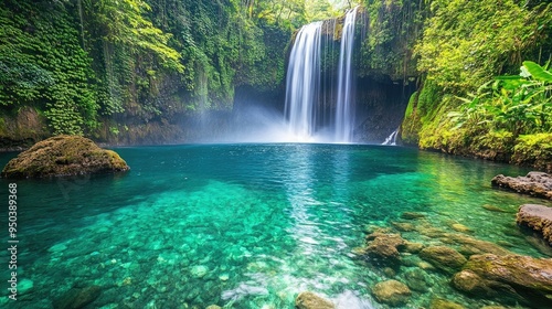 A stunning view of a tropical waterfall cascading into a crystal-clear pool surrounded by lush greenery