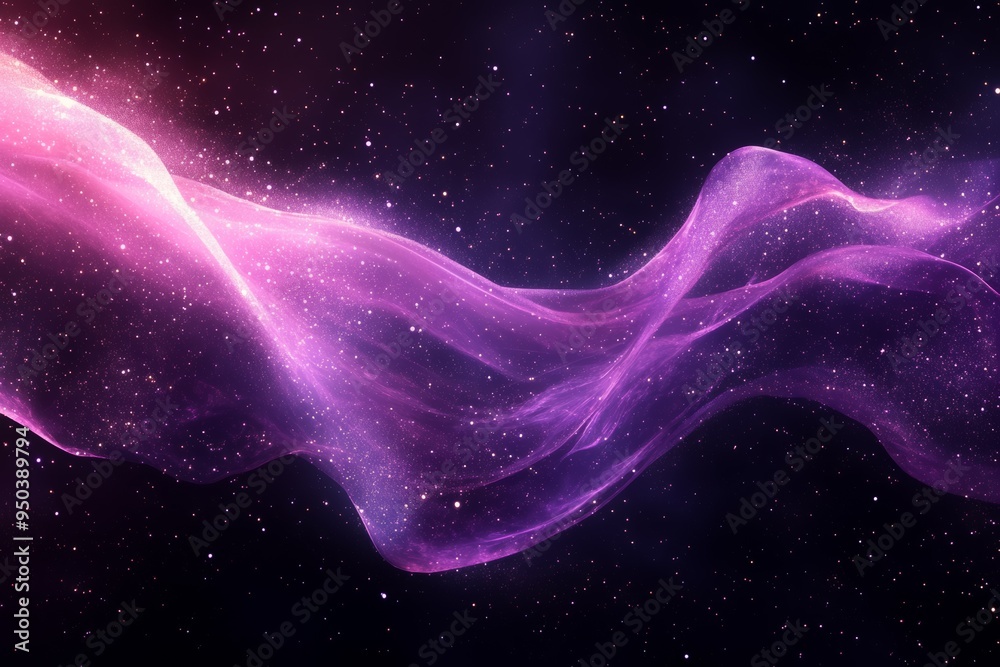 A vibrant abstract representation of cosmic waves, featuring shades of purple and pink against a starry black background, evoking a sense of depth and space