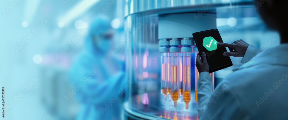 A lab technician in protective gear operates a tablet displaying a green checkmark in a high-tech pharmaceutical laboratory.