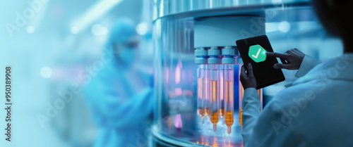 Obraz na płótnie A lab technician in protective gear operates a tablet displaying a green checkmark in a high-tech pharmaceutical laboratory. w salonie
