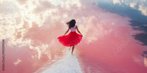 A woman in a red dress is captured from behind as she strolls through a stunning pink lake, reflecting the sky above and creating a magical scene of tranquility. photo