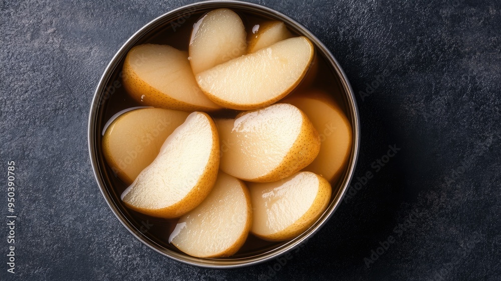 A top view of a can of pears in syrup, sliced and neatly arranged A top view of a can of pears in syrup, sliced and neatly arranged
