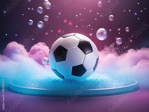 A soccer ball surrounded by colorful bubbles and vibrant clouds staged on a glowing pedestal within a dreamy atmosphere at night photo