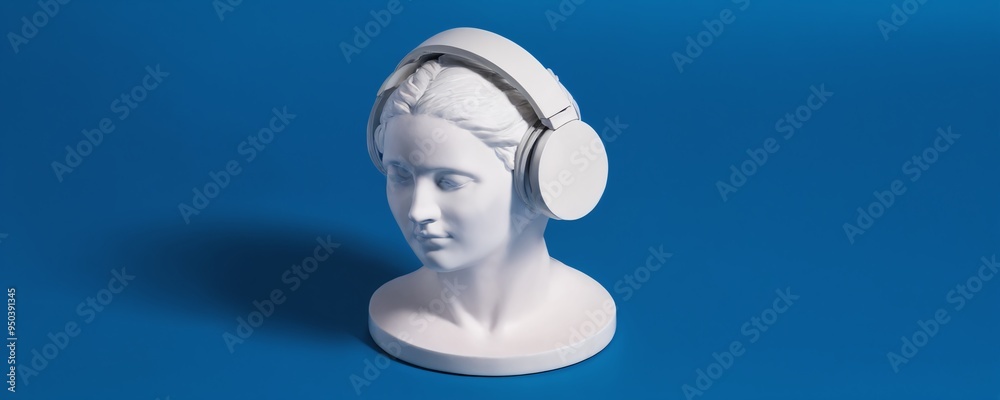 White bust sculpture wearing modern headphones against a vibrant blue background, showcasing a blend of classic art and contemporary technology White bust sculpture wearing modern headphones against a vibrant blue background, showcasing a blend of classic art and contemporary technology