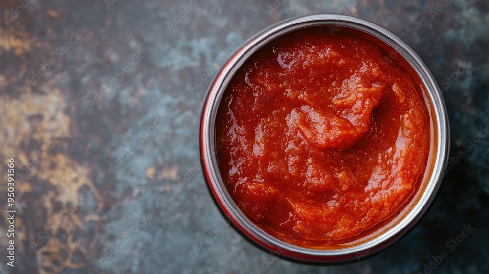 A top view of a can of tomato paste, thick and richly colored, ready for cooking A top view of a can of tomato paste, thick and richly colored, ready for cooking