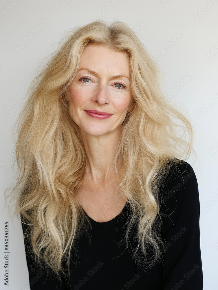 Attraktive Frau, Mitte 50, mit langen Haaren lächelt vertrauenerweckend in die Kamera. Warme Ausstrahlung, natürliche Schönheit. Reife und Selbstbewusstsein im Porträt Attraktive Frau, Mitte 50, mit langen Haaren lächelt vertrauenerweckend in die Kamera. Warme Ausstrahlung, natürliche Schönheit. Reife und Selbstbewusstsein im Porträt
