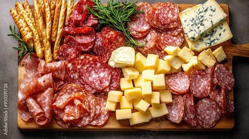 A top view of a charcuterie board with assorted meats, cheeses, and breadsticks