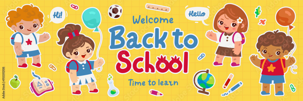 Back to school cartoon banner design template with student kids character and school supplies set isolated on background. Elementary school horizontal poster. Pencil, book, globe. Vector ilustration Back to school cartoon banner design template with student kids character and school supplies set isolated on background. Elementary school horizontal poster. Pencil, book, globe. Vector ilustration