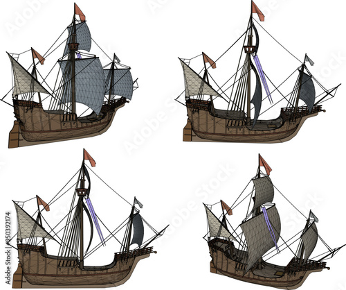 Vector sketch illustration design of sailboat wooden ship rowing pirate classic vintage ethnic traditional