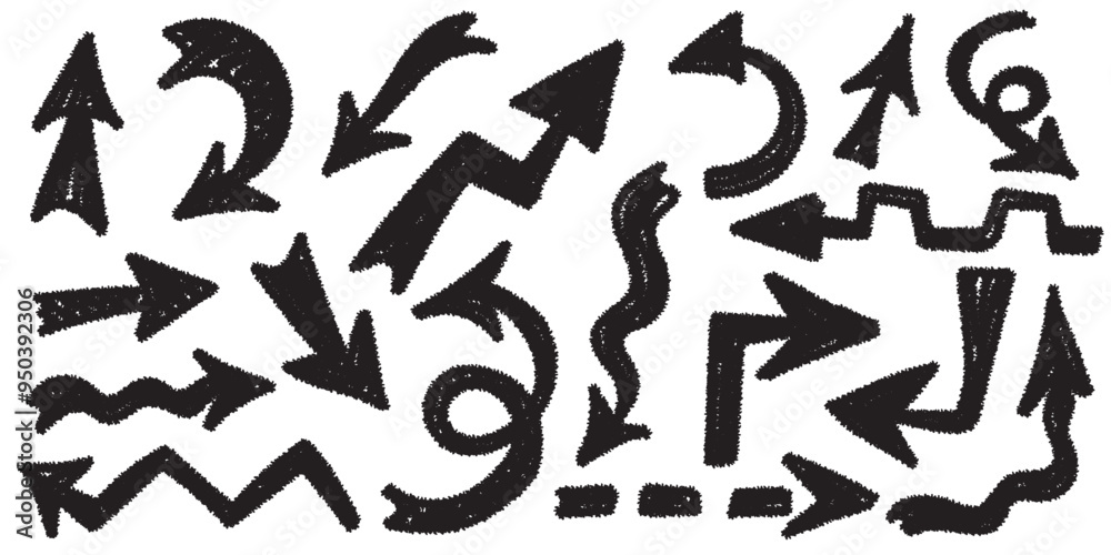 Crayon texture arrows set. Collection of hand drawn doodle thick arrows in different directions. Elegant minimal line stroke style. Vector chalk graphic elements. Crayon texture arrows set. Collection of hand drawn doodle thick arrows in different directions. Elegant minimal line stroke style. Vector chalk graphic elements.