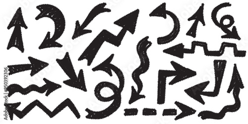 Crayon texture arrows set. Collection of hand drawn doodle thick arrows in different directions. Elegant minimal line stroke style. Vector chalk graphic elements.