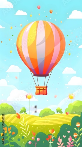 Colorful Hot Air Balloon Flying Above Green Field Illustration