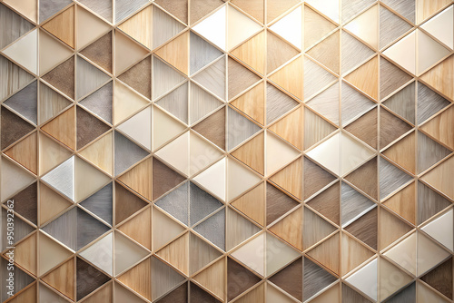 Fototapeta Naklejka Na Ścianę i Meble -  Geometric Wooden Wall:  A seamless pattern of geometric wooden triangles in warm tones, creating a captivating and textured background.  