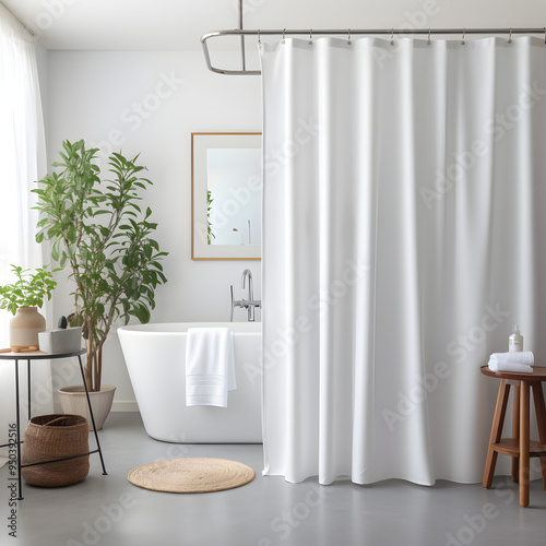 Minimalist White Shower Curtain in Modern Bathroom with Freestanding Tub, Greenery, and Natural Light, Featuring Neutral Tones, Soft Textures, and Subtle Shadows - Bathroom Decor Mockup