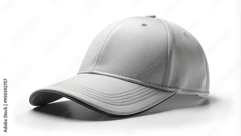 Modern, customizable baseball cap template with blank front panel, adjustable strap, and embroidered logo, isolated on a white background for design integration. Modern, customizable baseball cap template with blank front panel, adjustable strap, and embroidered logo, isolated on a white background for design integration.