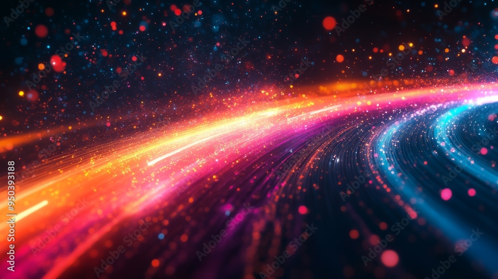 Obraz premium A vibrant and colorful abstract background featuring swirling lines of light and scattered particles, evoking a sense of motion and energy