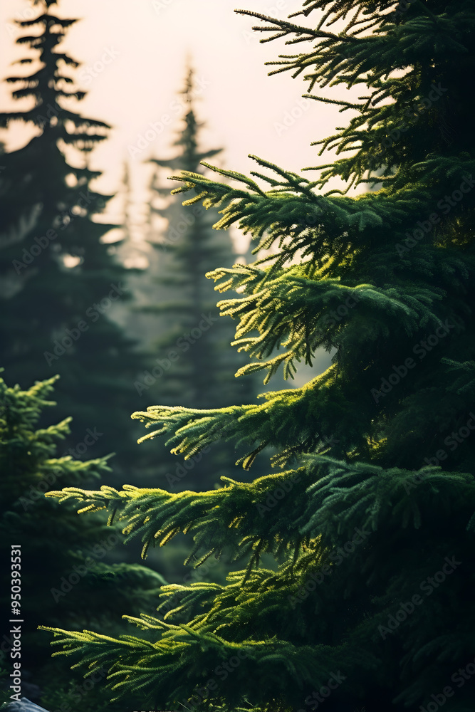 Obraz premium Serene pine forest scene with sunlit trees casting long shadows, capturing the peaceful ambiance of a misty morning in a dense woodland.