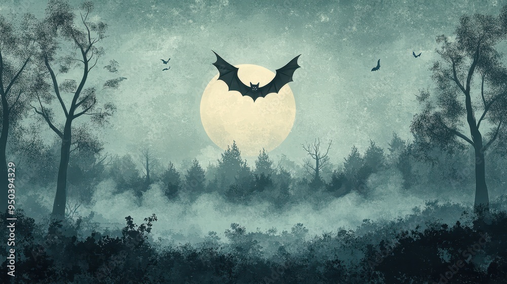 Fototapeta premium Eerie Bat Flying Above Haunted Forest with Full Moon and Misty Atmosphere