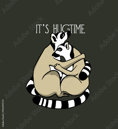 Vector card with sweet hand drawn hugging lemurs. Beautiful animal design elements, ink drawing. Perfect for greeting cards.