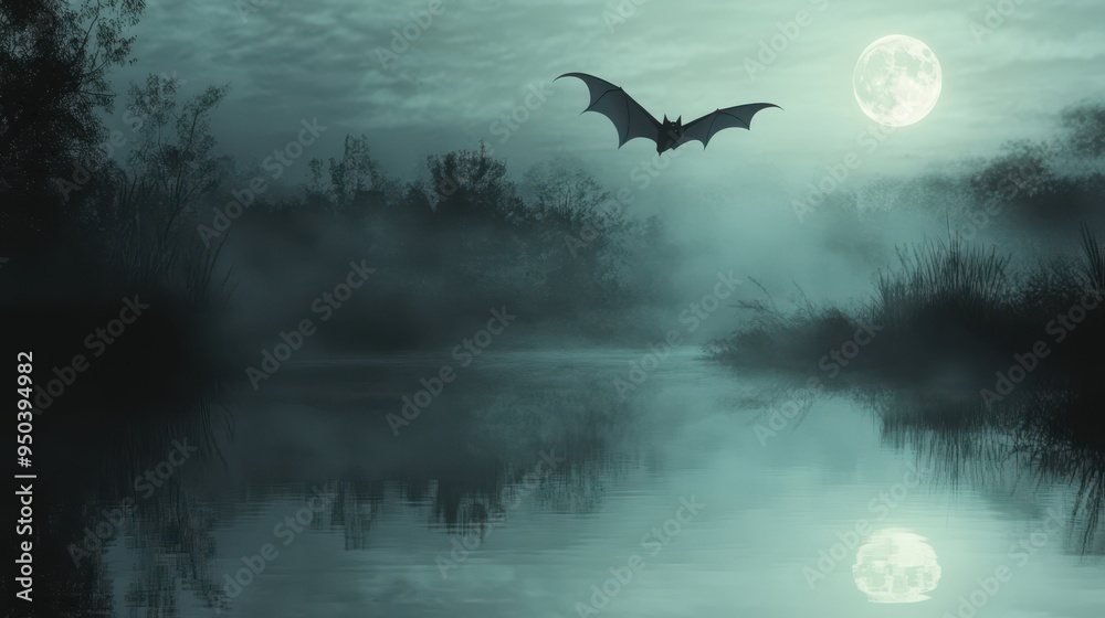 Fototapeta premium Eerie Bat Silhouetted by Moon Over Foggy Lake