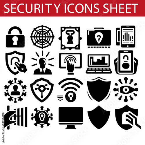 Security icon sheet vector illustration. Pixel perfect. Editable stroke. The set contains icons Security, Fingerprint, Face Identification, Key.
