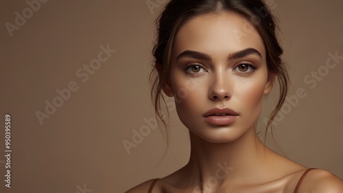 Clean skin woman face natural make up beautiful beauty model. Color background. Brown