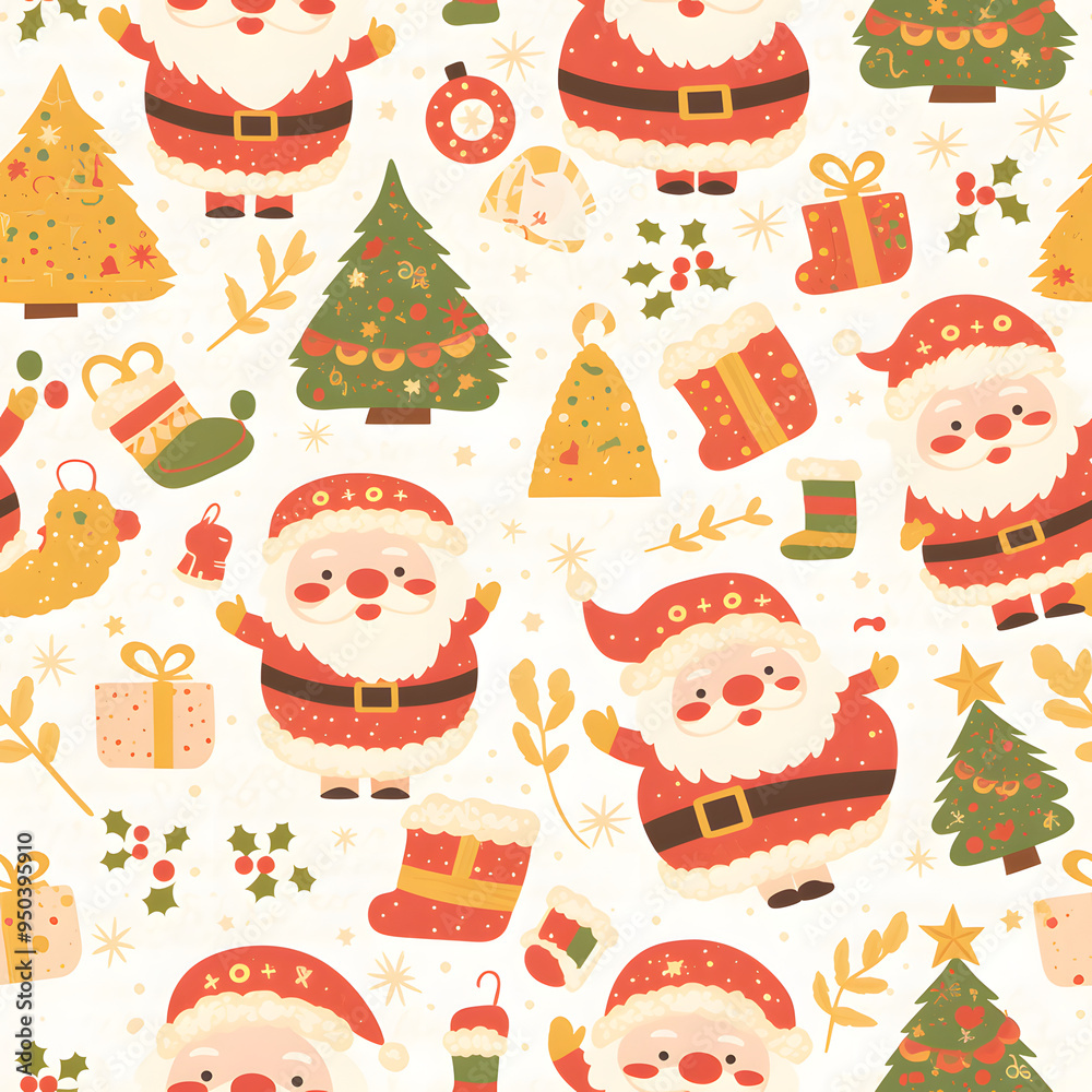 Seamless pattern with Santa Claus and gift boxes on background in cartoon watercolor style. Seamless pattern with Santa Claus and gift boxes on background in cartoon watercolor style.