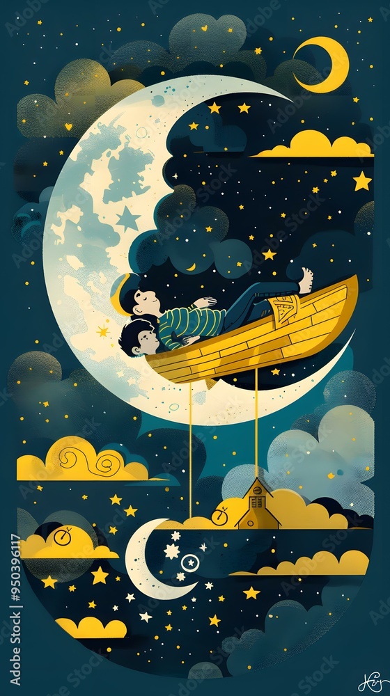 Naklejka premium Two People Sleeping on a Crescent Moon Boat in Night Sky Illustration