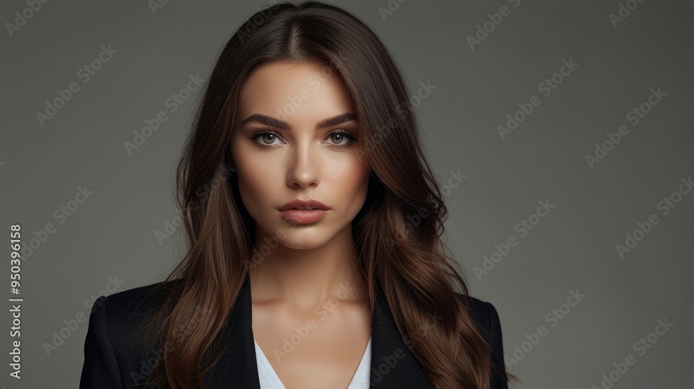 A brunette with long hair in a black bodysuit, jacket poses on a white background. Studio shooting A brunette with long hair in a black bodysuit, jacket poses on a white background. Studio shooting