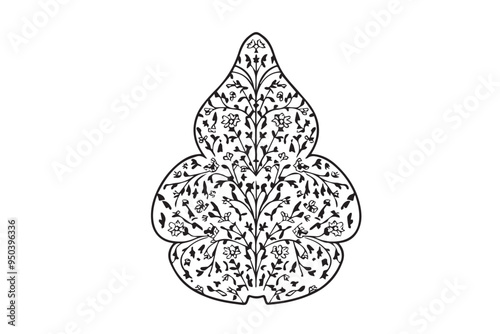 Black vector Persian line art carpet pattern design illustration on white background. photo