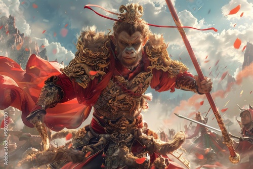 Sun Wukong, the Monkey King, leading an army of mythical creatures with his golden cudgel  photo