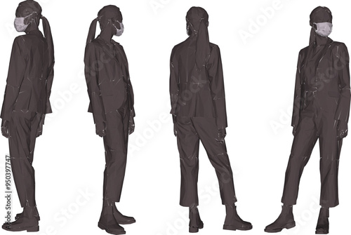 Vector silhouette illustration sketch design drawing of young executive office worker female employee wearing mask to avoid virus