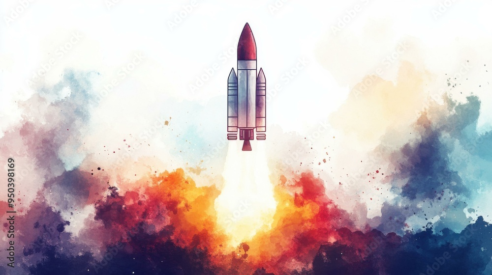 Fototapeta premium Watercolor Rocket Launch: A Cosmic Journey