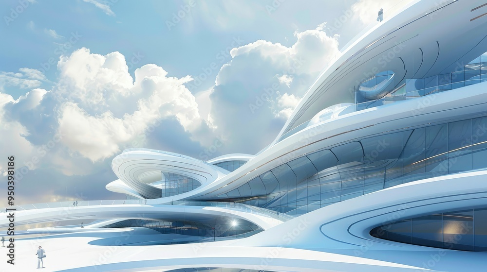 Floating architectural concept with interconnected buildings and sky bridges Floating architectural concept with interconnected buildings and sky bridges