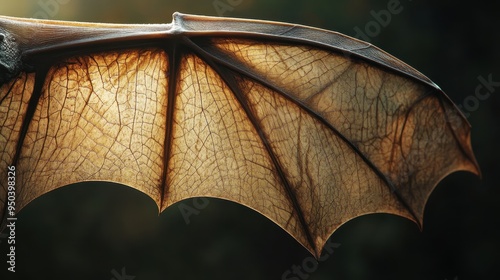 Intricate Details of a Bat's Wing: Veins and Texture Revealed in Close-Up Shot Against Dark Mysterious Background with Subtle Lighting