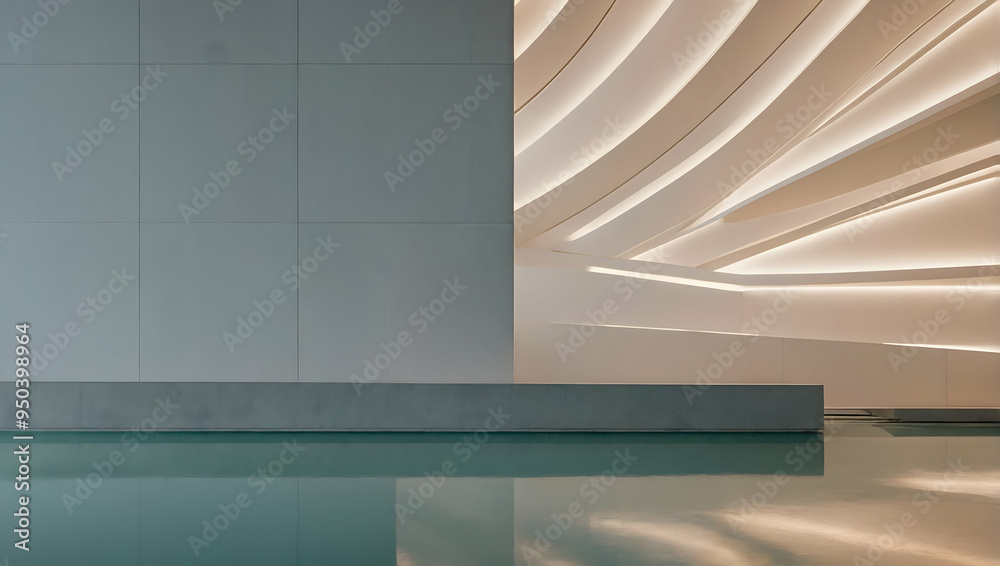 Fototapeta premium Serene Minimalism: A minimalist interior design concept featuring a sleek, modern water feature, a smooth concrete bench, and a gently curved ceiling with integrated lighting, creating a tranquil and 
