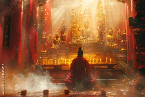 Tang Sanzang, the monk from Journey to the West, kneeling and praying at an ancient temple altar photo