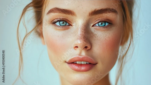 Close-up of a beautiful woman with perfect skin, natural makeup, and a gentle, serene expression under soft lighting