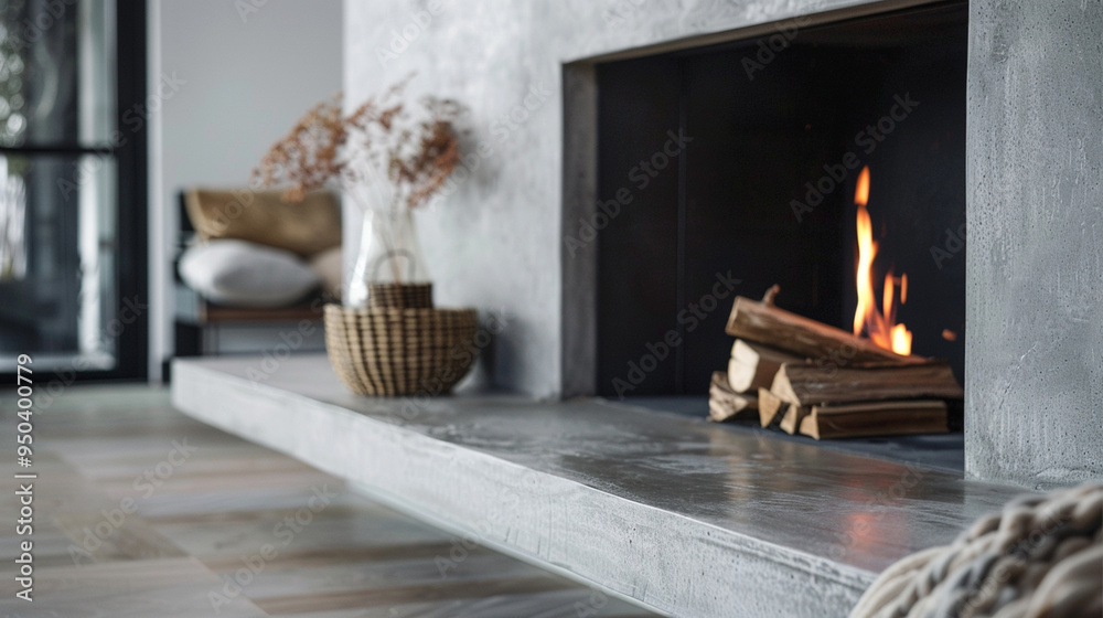 A close-up shot of a contemporary fireplace with a concrete hearth, featuring minimalist design elements. A close-up shot of a contemporary fireplace with a concrete hearth, featuring minimalist design elements.