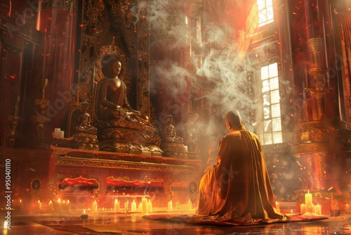 Tang Sanzang, the monk from Journey to the West, kneeling and praying at an ancient temple altar photo