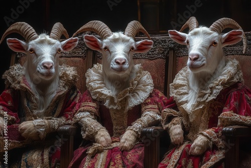 whimsical scene of anthropomorphic goats dressed as shakespearean actors elaborate costumes and dramatic poses on rustic stage set rich painterly style with warm theatrical lighting photo