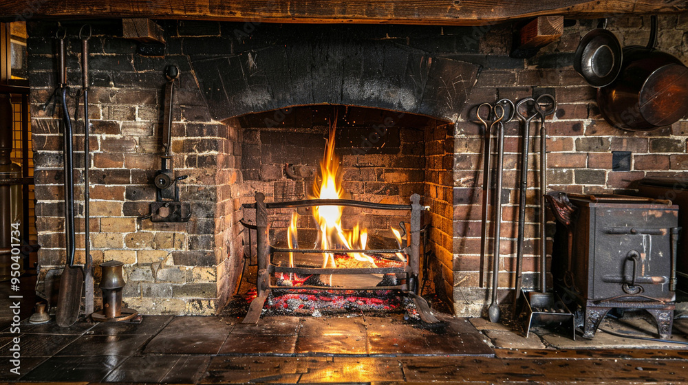 A close-up shot of a classic wood-burning fireplace with iron tools hanging beside it, showing the details of the tools and the hearth. A close-up shot of a classic wood-burning fireplace with iron tools hanging beside it, showing the details of the tools and the hearth.