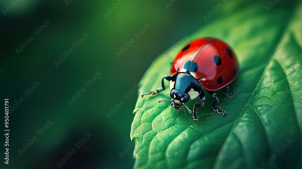 Fototapeta premium Close-up of a ladybug on a green leaf, highlighting the small creatures that contribute to a healthy environment
