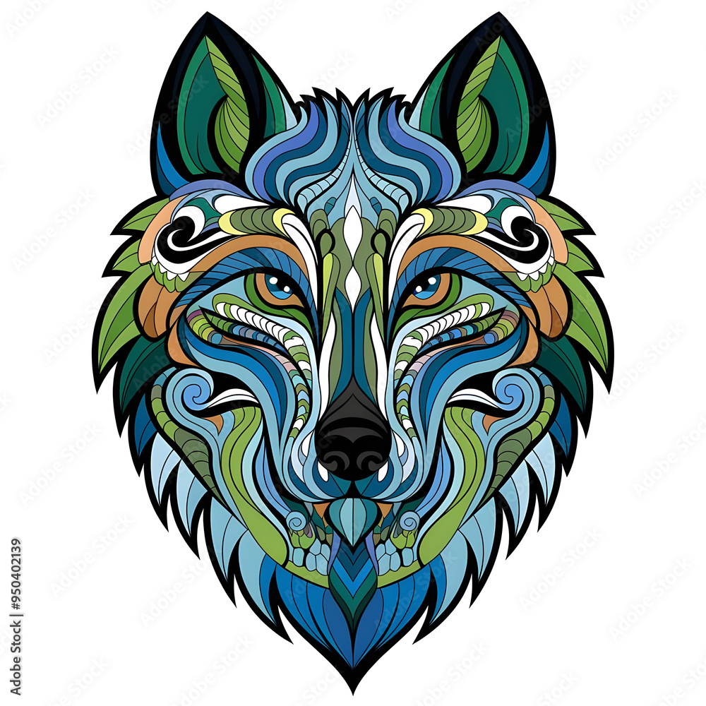 Obraz premium Create a highly detailed and colorful mandala-style wolf head with intricate patterns and symmetrical design.