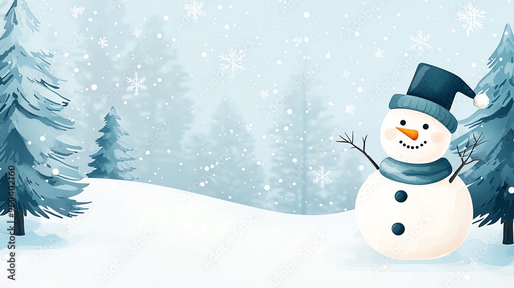A cheerful snowman wearing a hat and scarf stands in a snowy winter landscape, surrounded by snow-covered trees and falling snowflakes. A cheerful snowman wearing a hat and scarf stands in a snowy winter landscape, surrounded by snow-covered trees and falling snowflakes.
