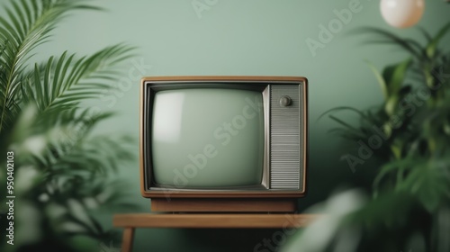 A vintage television set sits surrounded by lush green plants in a retro themed room, offering a nostalgic glimpse into past interior design styles with a natural touch.